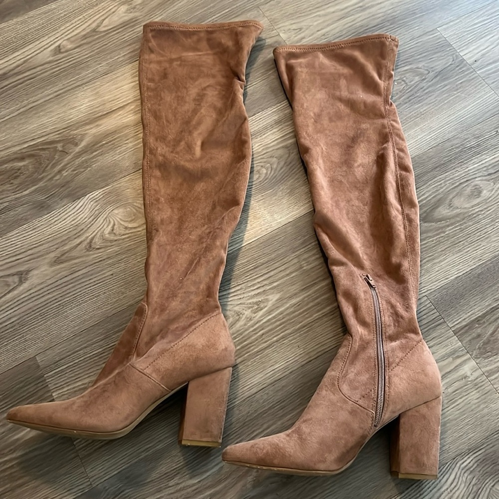 Steve Madden thigh high boot in taupe, 3.5” heel, 19.5” shaft, size 8.
